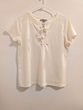 Daisy Fuentes Lace-Accent Cream Lace-Up Short Sleeve Top